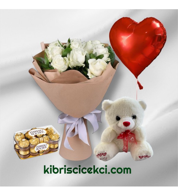 11 Beyaz Gül Buketi Ayıcık 16'lı Ferrero Çikolata Kalp Helyum Balon